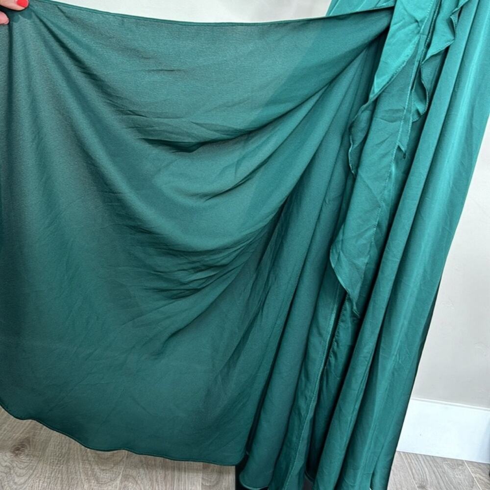 NWT MAC DUGGAL 49146 Deep Green Bishop Sleeve Faux Wrap Maxi Tie Waist Gown - Picture 9 of 11